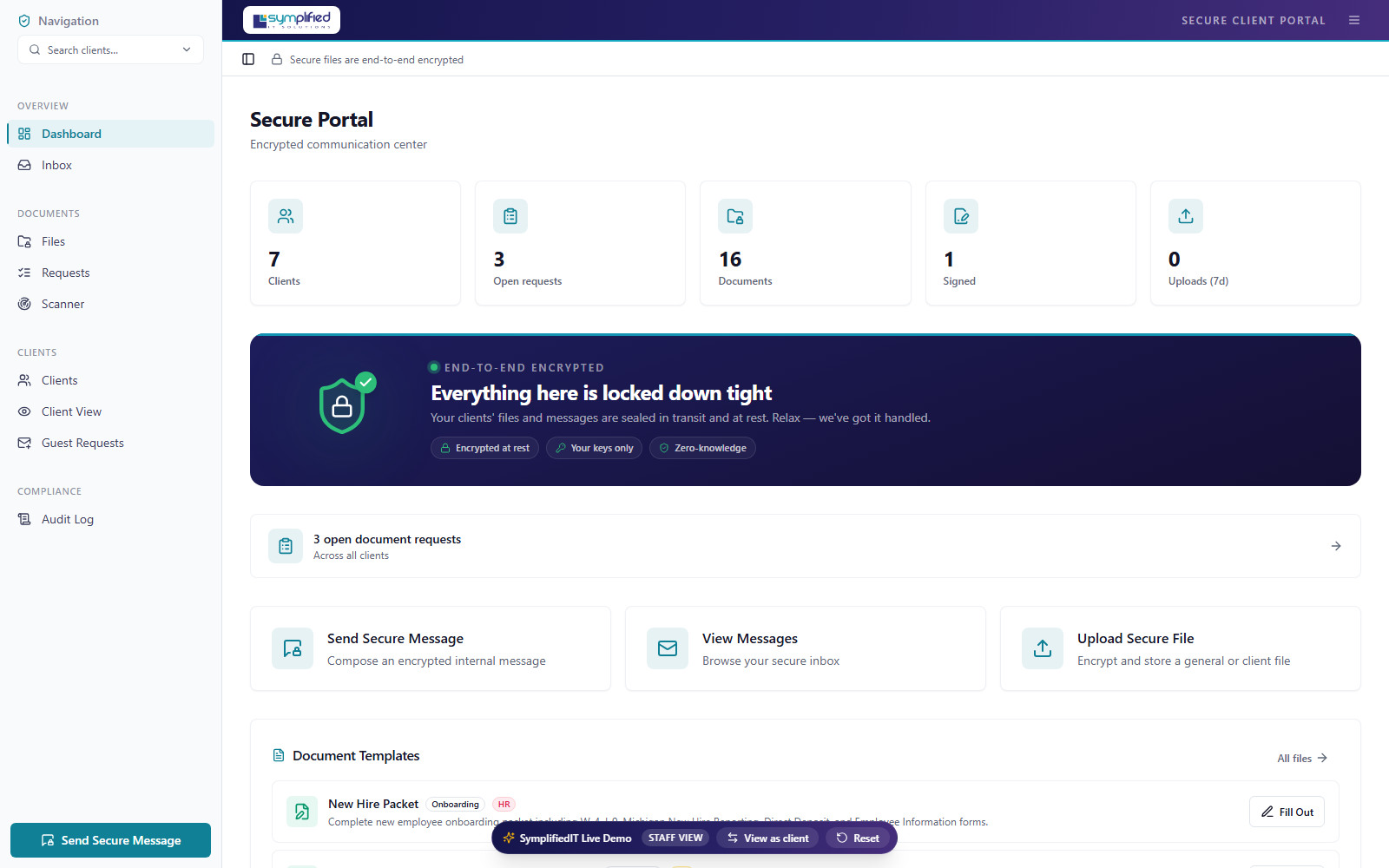 Secure Portal staff dashboard with client, request, document, signature, and upload counts plus messaging and file actions.